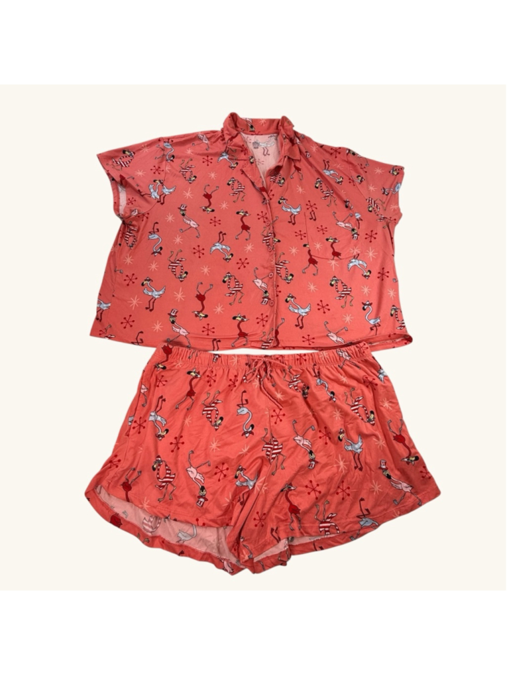 Celebrate Patriotic Flamingo Pajama Set Women’s 2X Coral Button Top Shorts Loung